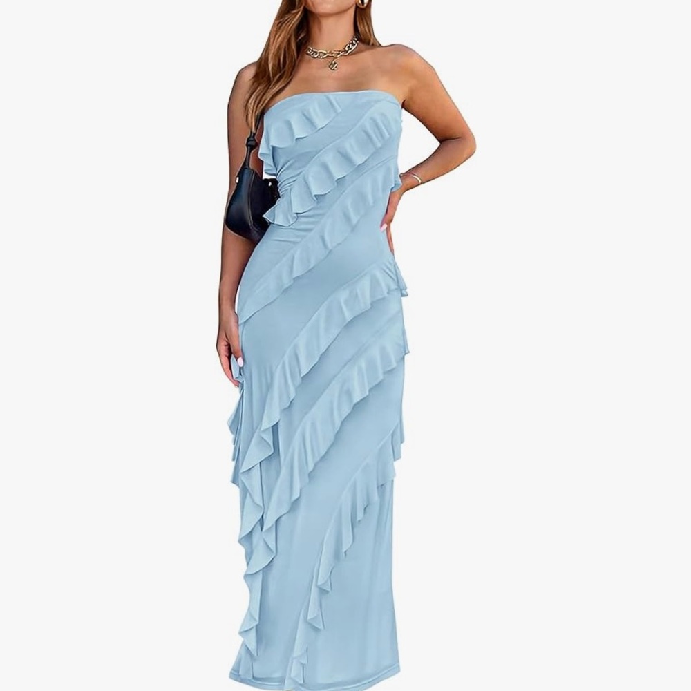 Elegant Blue Strapless Ruffle Dress XL